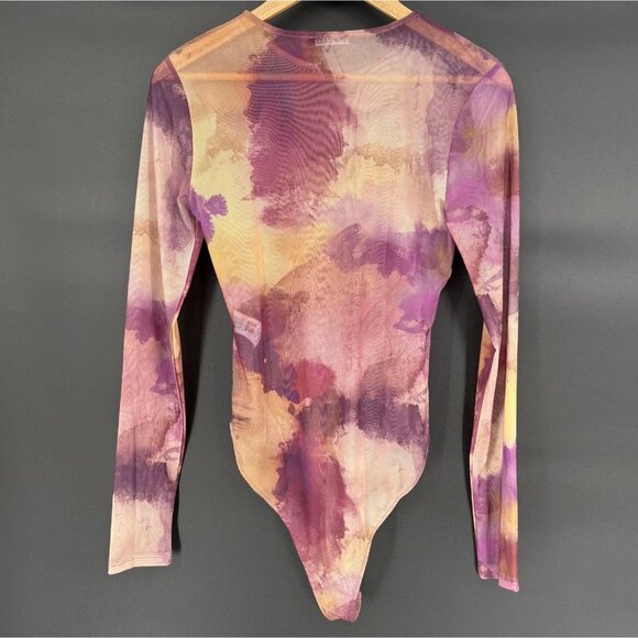 Zara Long Sleeve Sheer Watercolor Print Bodysuit L Purple Brown Going Out Top - Picture 2 of 7
